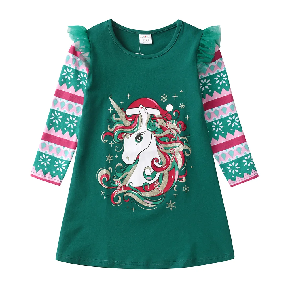 VIKITA Girls Christmas New Year Gift Dress Kids Licorne Snowflakes Green Autumn Spring Fall Flare Sleeve Cotton Straight Dresses — zdjęcie 2
