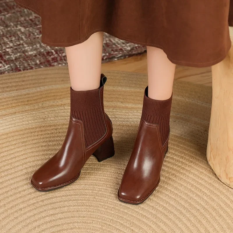 Classic Shoes Woman Leisure Ankle Boots Women Shoes Winter Square Toe Hoof High Heels Solid Brown Leather Retro Modern Boots image 4