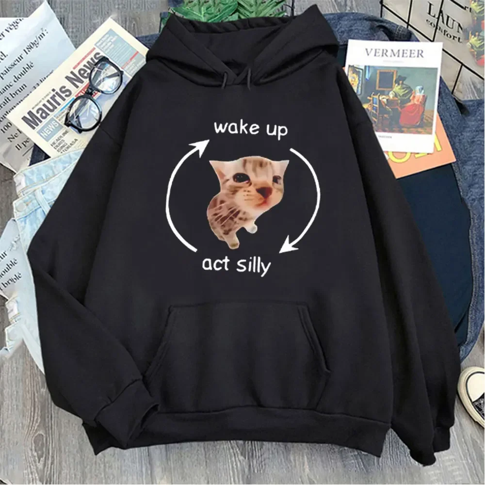 Wake Up Act Silly Meme Hoodies Funny Cute Cat Graphic Hoodies Sleeve Women Casual Popular Y2K Clothes Women\'s Sweatshirts