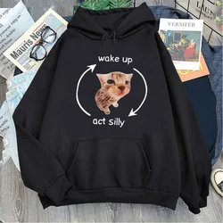 Wake Up Act Silly Meme Hoodies Funny Cute Cat Graphic Hoodies Sleeve Women Casual Popular Y2K Clothes Women's Sweatshirts