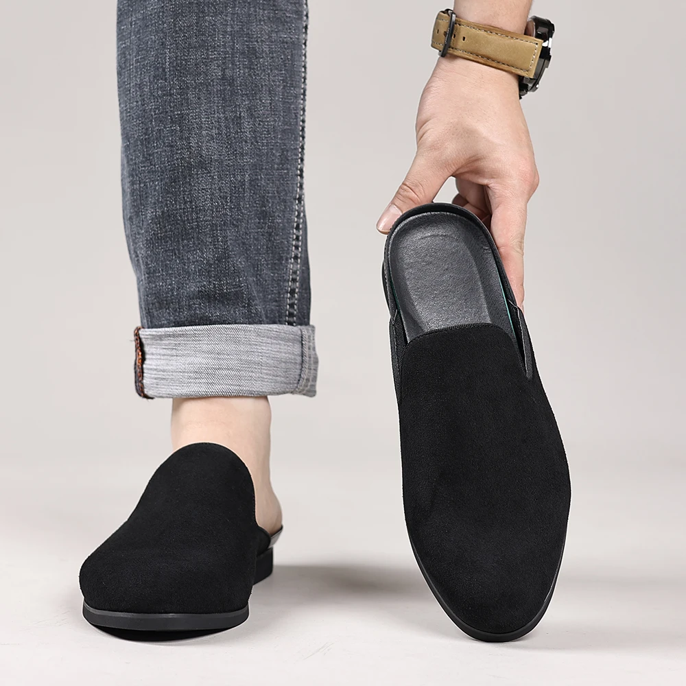 Big Size 48 Mules Men's Half Slippers Leather Slip On Shoes Summer Male Flats Backless Casual Shoes Moccasins Open-back Loafers