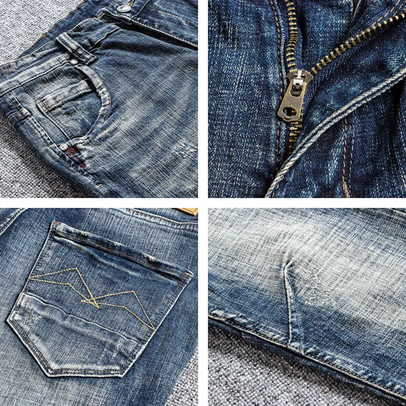 Italian Style Fashion Men Jeans High Quality Retro Washed Blue Elastic Slim Fit Ripped Jeans Men Vintage Designer Denim Pants