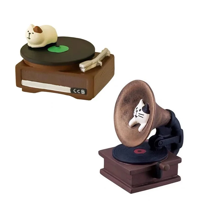 Zakka vintage vinyl record player gramophone cat resin craft desktop ornament