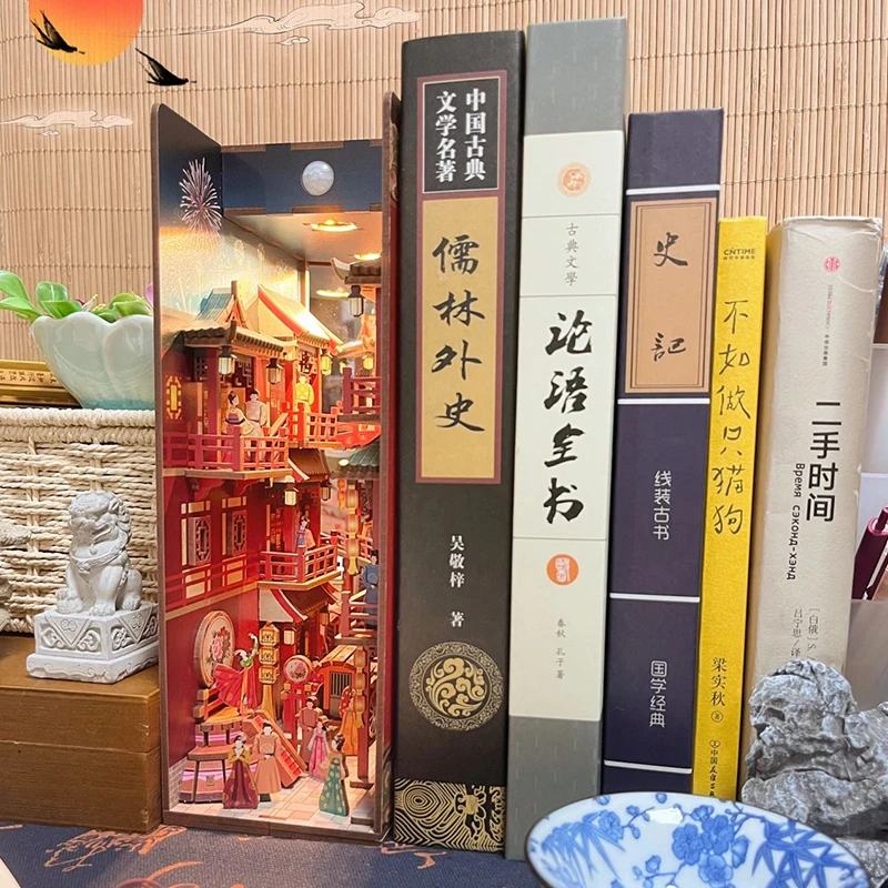 DIY Book Nook Insert Shelf Kits Wooden Miniature Building Kit Tang Dynasty Dinner Party Bookend Assembled Bookshelf Home Decor