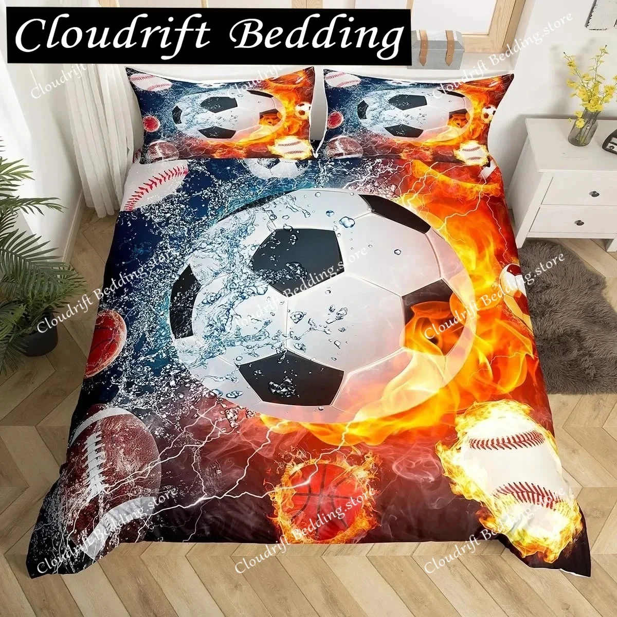 3D Football King Queen Duvet Cover Soccer Bedding Set for Kids Teens Boys Ball Sports White Red 23pcs Polyester Quilt Cover
