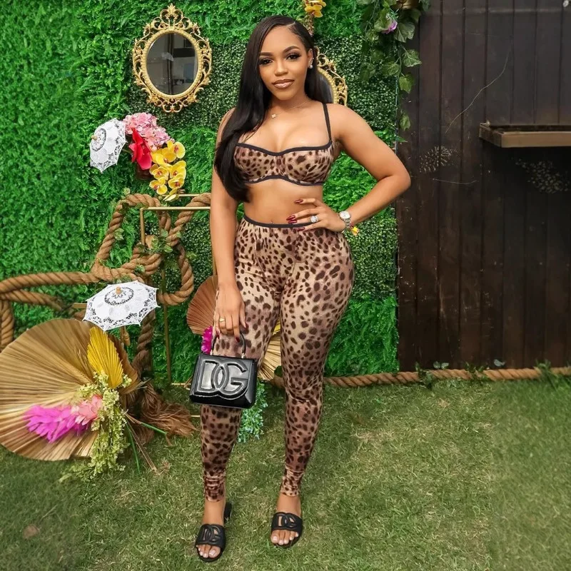 

Leopard Women 2 Piece Set Spaghetti Straps Crop Top Skinny Pants Matching Set 2025 Summer Fashion Streetwear Sexy Club Outfits