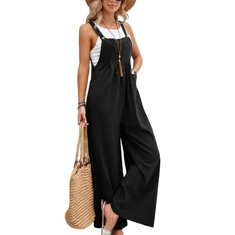 Women's And Women Retro Suspenders Mid Waist Full Length Straight Leg Cotton Sweet Jumpsuit For Women Woman With Pocket Detail