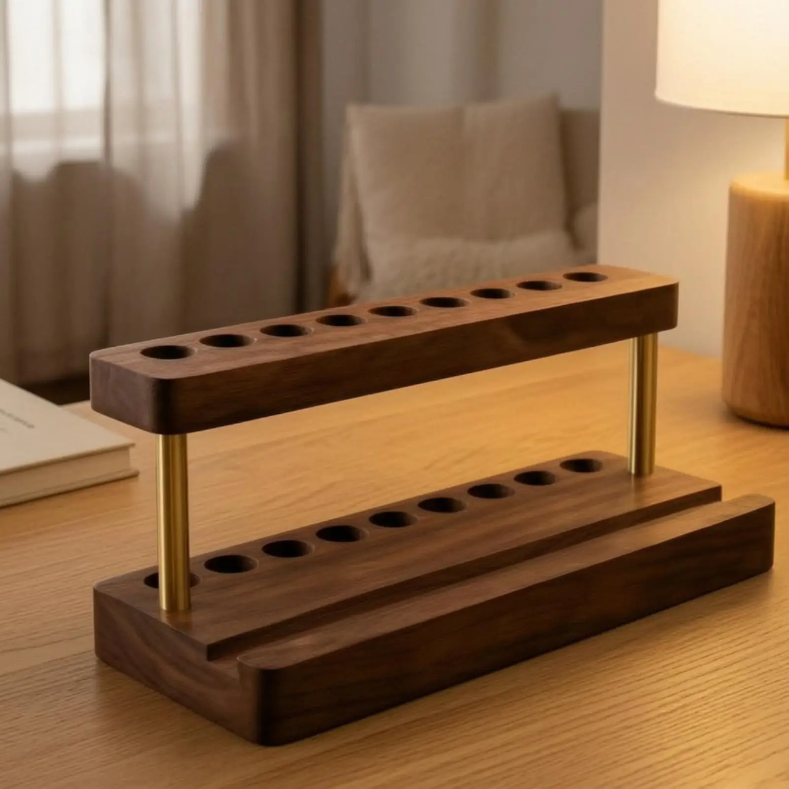 Desk Pen Holder Wooden Organizer with Front Display Area and Pen Holes Multi Tier Walnut Finish for Daily Workspace Use