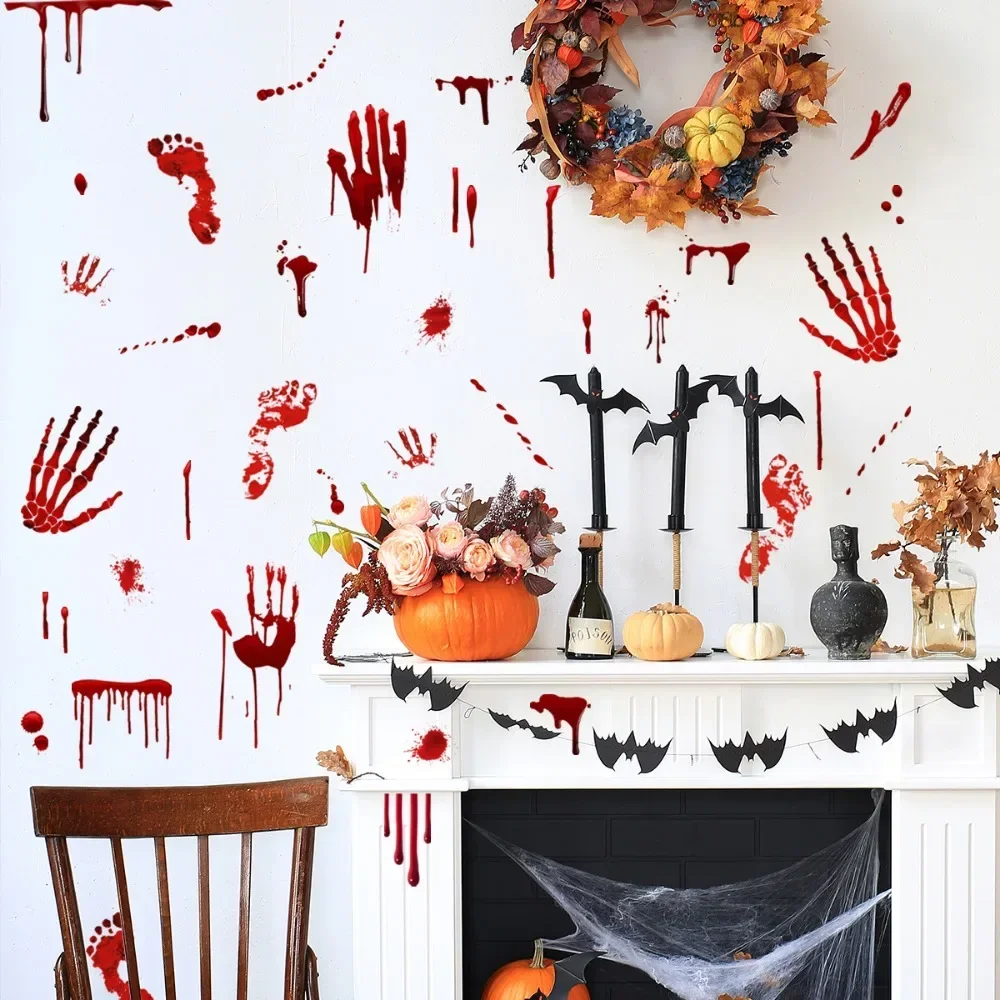 Halloween Decorations Bloody Handprint Wall Stickers Bloody Footprints Stickers Window Stickers Happy Helloween Party Decor