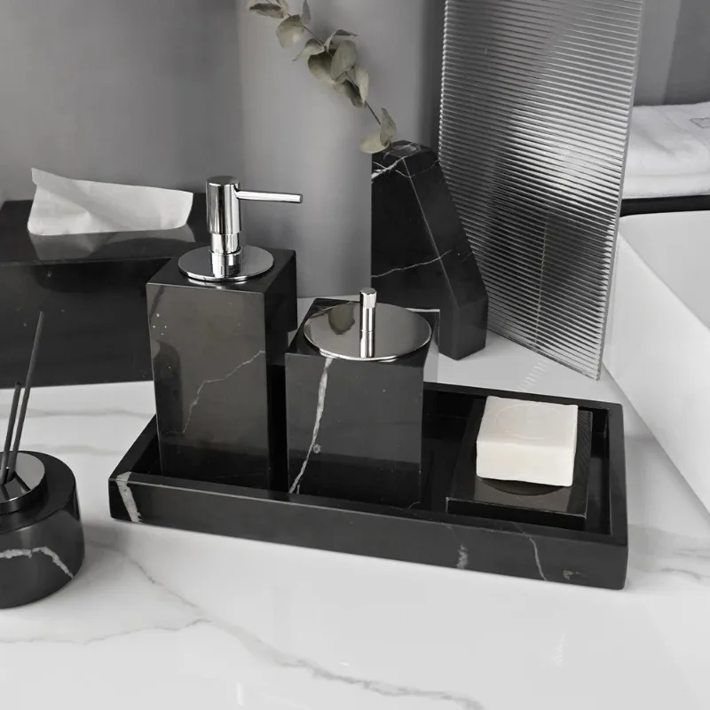 

Black Nero Marquina Marble Bathroom Set Luxury Soap Dispenser Soap Dish Aromatherapy Bottle Vase Tissue Box Bathroom Accessories