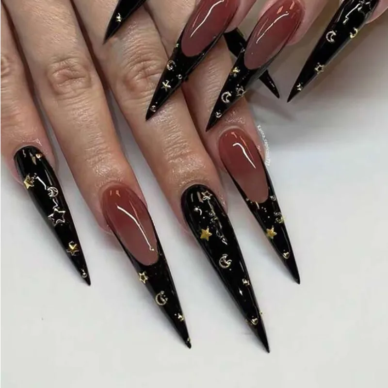 

24 Pcs Artificial Nail Woman Halloween False Nails Stiletto Long Fake Nails with Glue Removable French Press on Nails for Women
