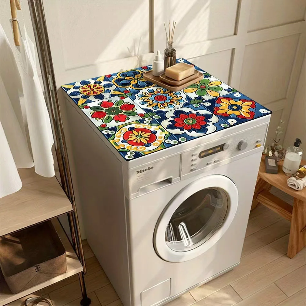 VIKAMA Washing Machine Dust Cover, Fireplace, Refrigerator Easy-To-Clean Protection Pad, Retro Tile Pattern Home Decoration