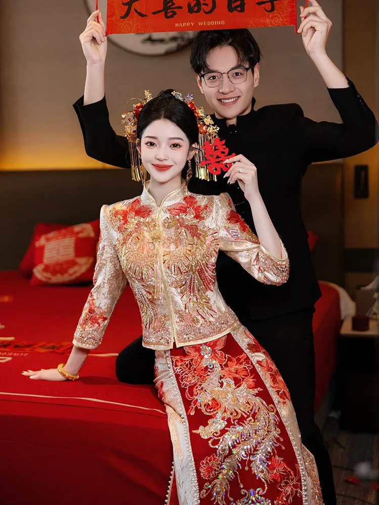

Heavy Industry Golden Dress new Chinese-style wedding dragon and phoenix gown toasting