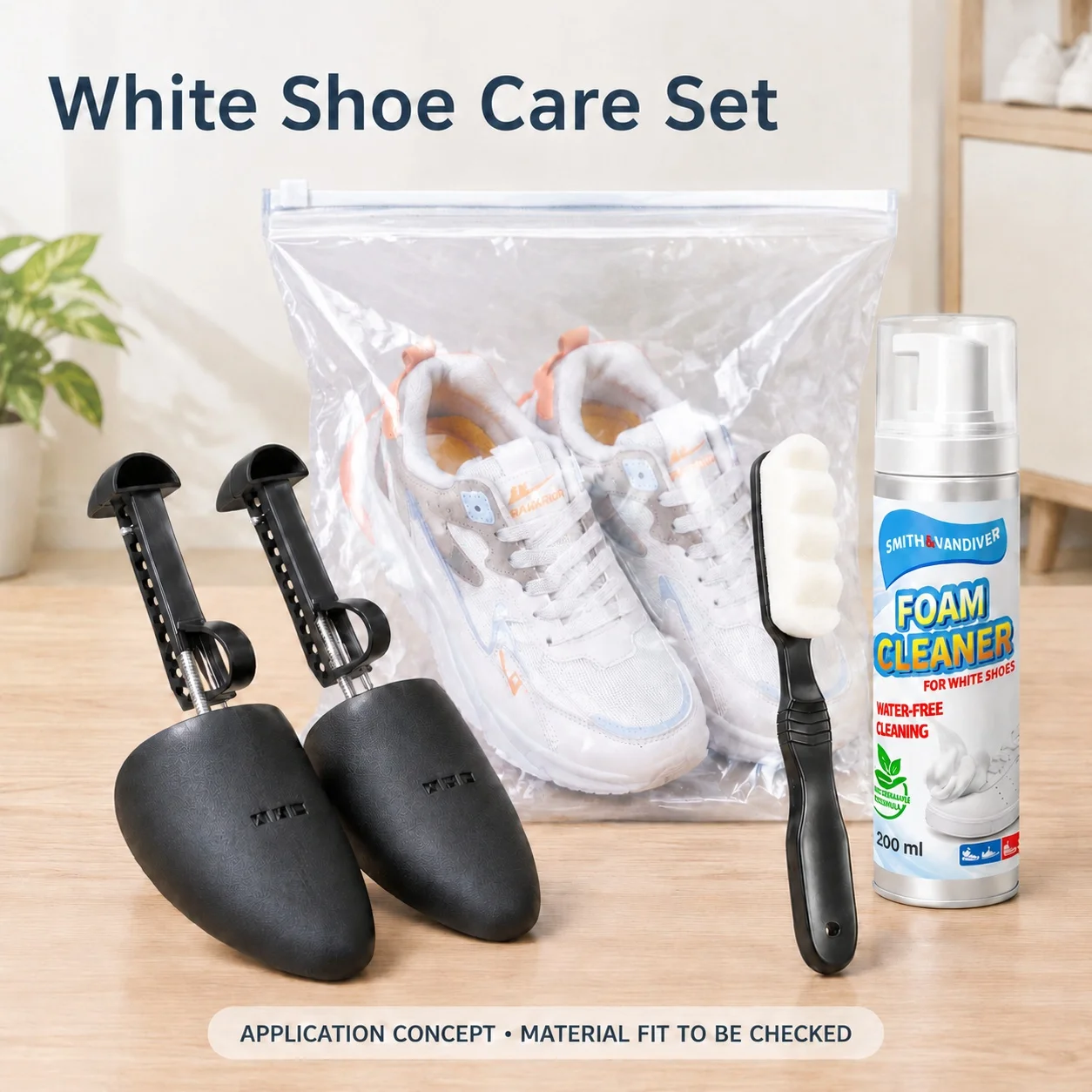 Adjustable Shoe Stretcher, Large 32x42cm Clear Storage Bag, Soft Nano Brush and 200ml White Shoe Foam Cleaner Shoe Care Set