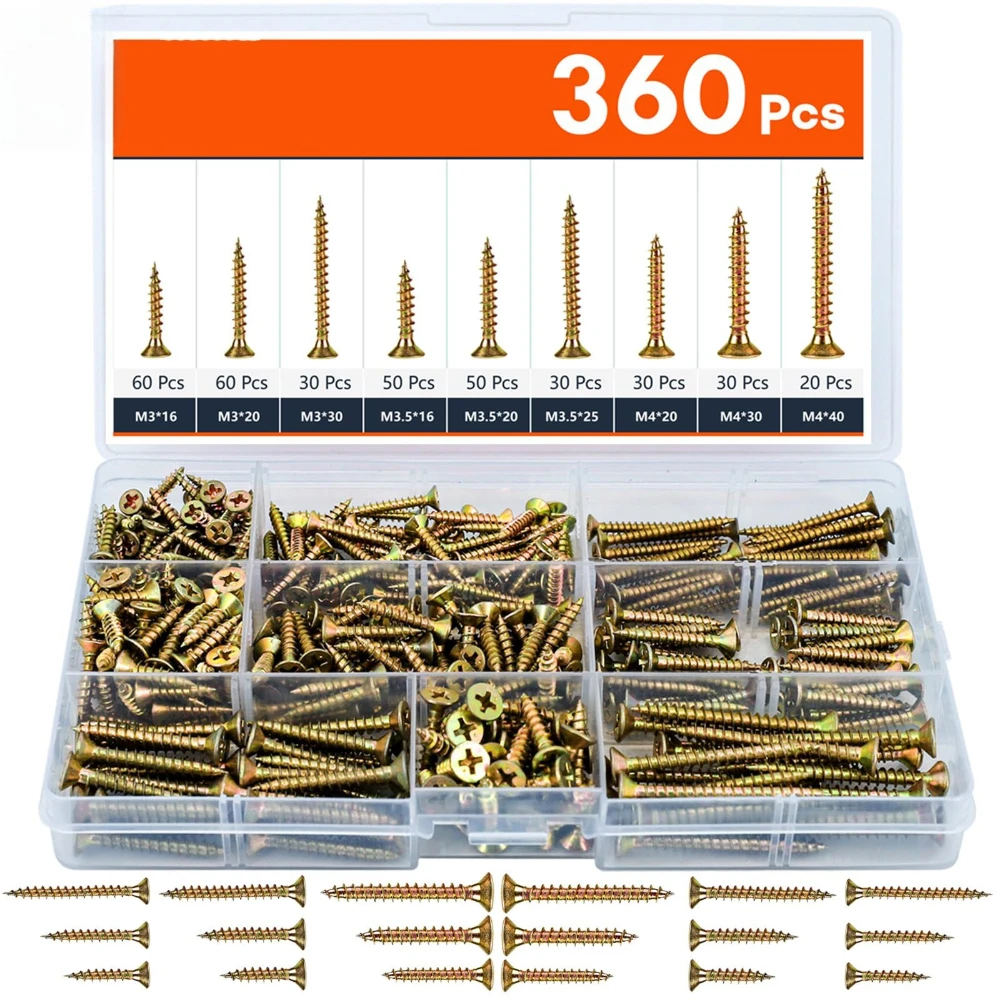 

360pcs M3 M3.5 M4 Cross-head Fiber Nails Wood Hardware Screws Galvanizing Self-tapping Wood Screw Set GB/T 846-1985