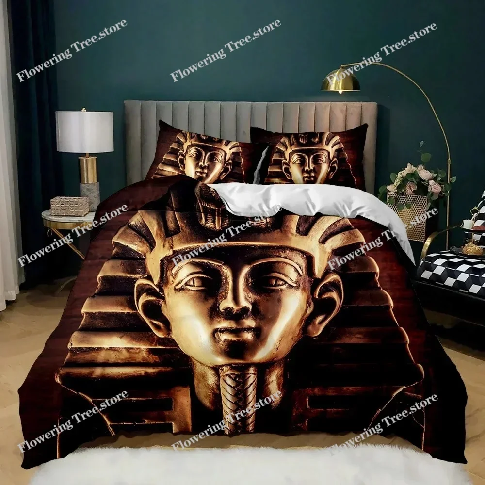 Pharaoh Bedding Sets,King Size 3D Ancient Egypt Tribe Decor Comforter Cover Set for Adult Egyptian Pyramid Polyester Duvet Cover
