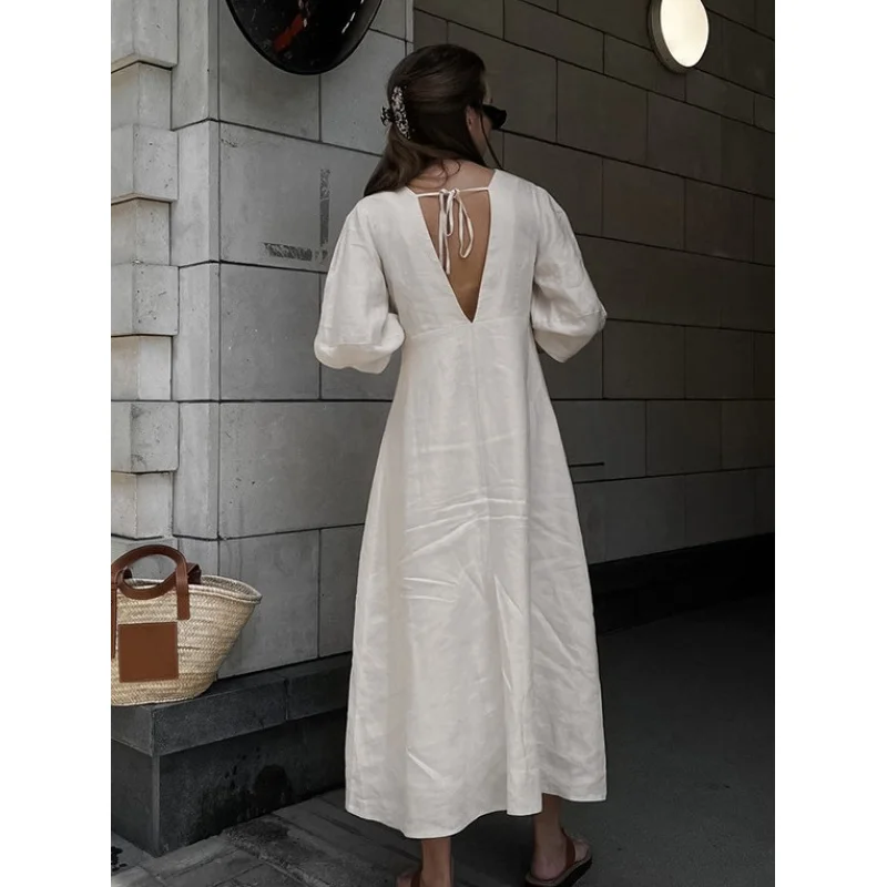 فستان FB-Simple كاجوال فضفاض من القطن والكتان للنساء صيفي بأكمام منتفخة وياقة V باللون البيج وخصر طويل