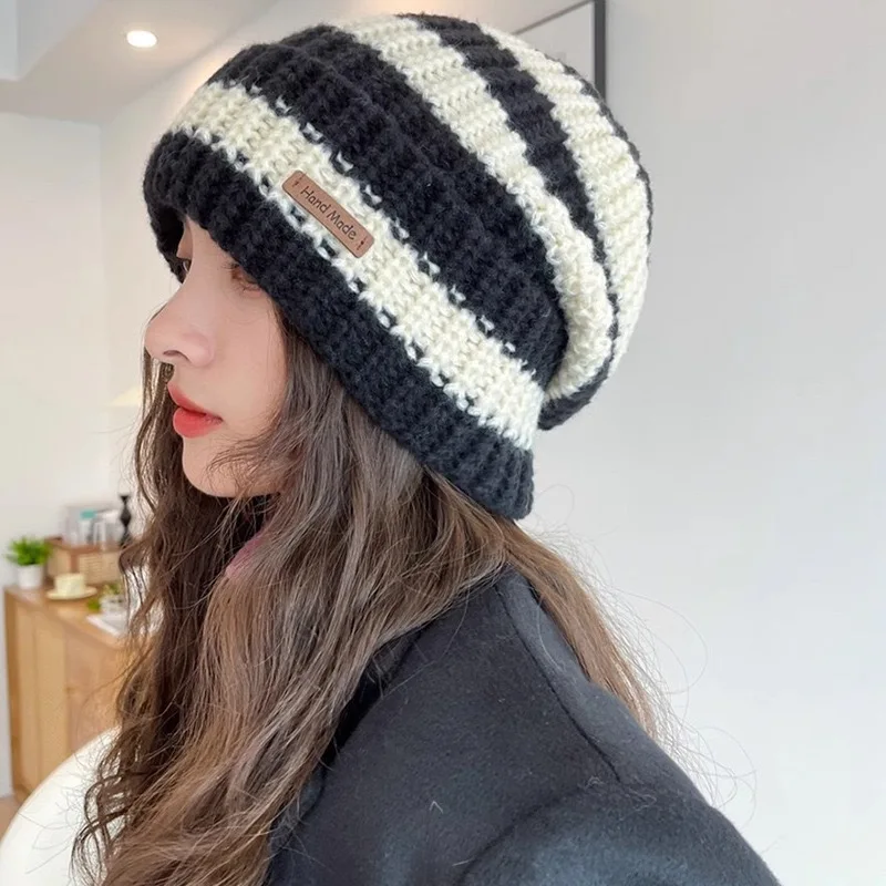Japanese Striped Letter Loose Woolen Hat with Large Head Circumference Autumn Winter Warm Versatile Knitted Hats for Women