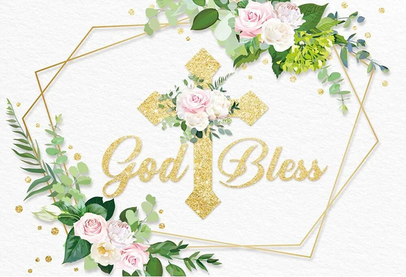 God Bless White Backdrop First Holy Communion Baptism Christening Background Baby Shower Birthday Party Supplies Golden Cross