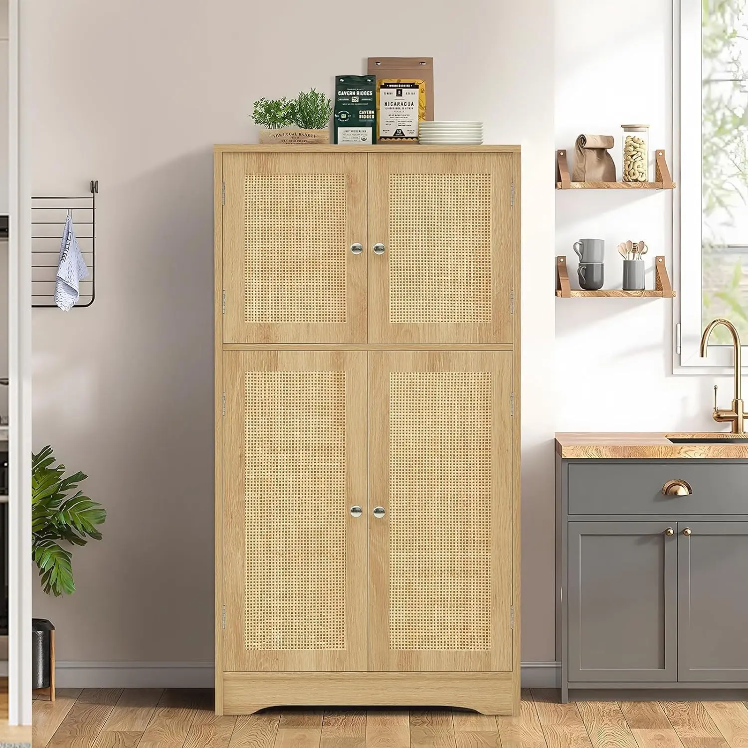 Iwell Storage Cabinet, Rattan Cabinet with 4 Rattan Doors & Adjustable Shelf, Bathroom Floor Cabinet for Living Room, Entryway