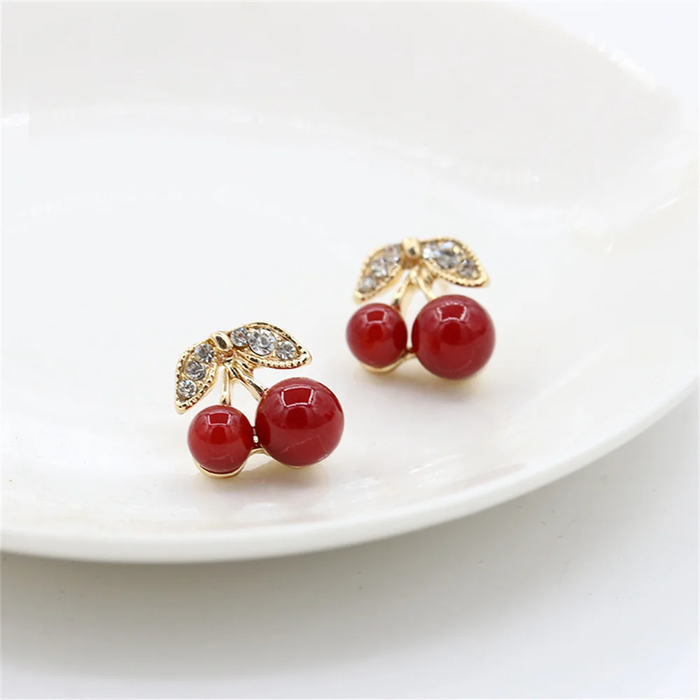 Cute Fashion Red Acrylic Cherry Stud Earrings For Women KPOP Crystal Fruit Earrings Ladies Party Jewelry Ear Accessories