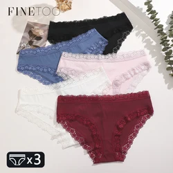 FINETOO 3Pcs Floral Lace Briefs Solid Striped Underwear Women Panties Sexy Comfortable Ladies Low-Waist Lingerie Intimates XS-XL