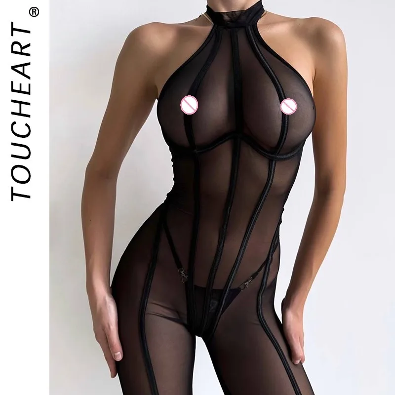 Sexy Halter Bodysuit with Panty Mesh Thin Model See-through Slim Seductive Women Delicate Lace Interesting Hollow Seductive Set