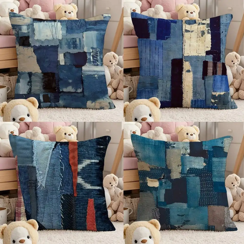 

D-Denim P-patchwork Print Art Pillow Case Comfort Sofa Bed Silky Elegant Invisible Zipper Custom Decorative Cushion Cover