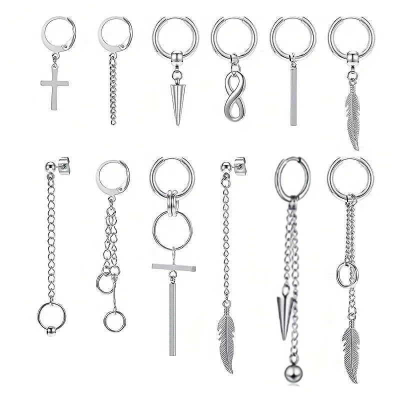 12pcs/set Black Or Silvery Unisex Cross Pendant Earrings Steel Earrings Set Black Earrings Set Pendant Chain Earring Hoop
