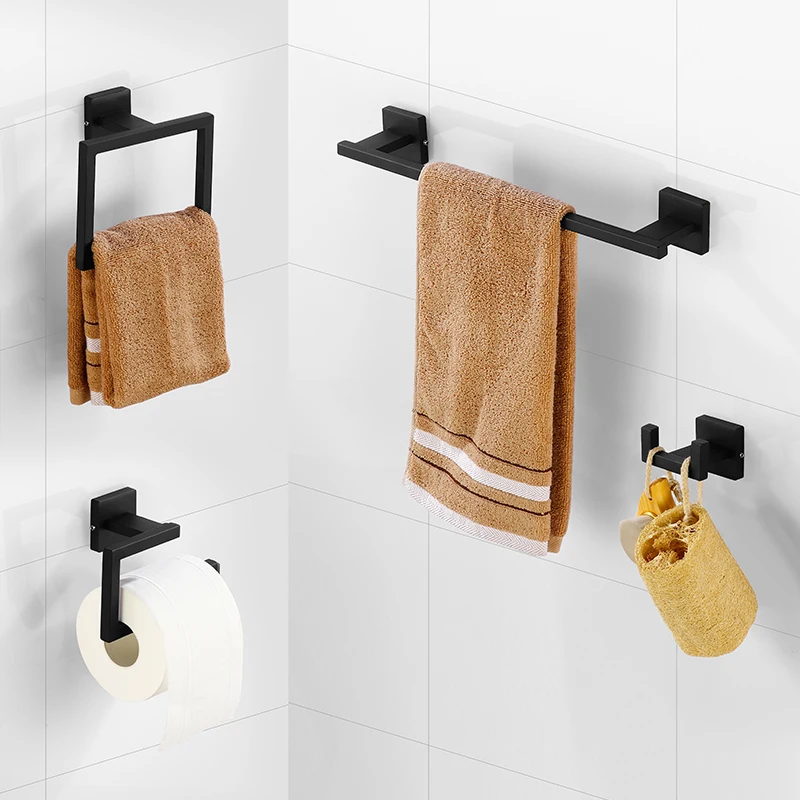 Matte Black Gold Bathroom Accessories Set Wall Towel Holder Roll Paper Holder Towel Ring Robe Hook Stainless Steel Hardware Set