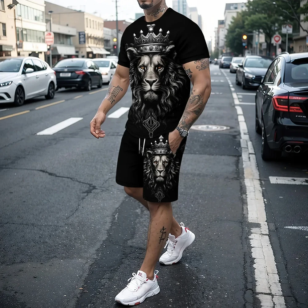 Summer new 3d tiger and lion print men's round neck short-sleeved T-shirt shorts suit 2-piece casual street fashion suit