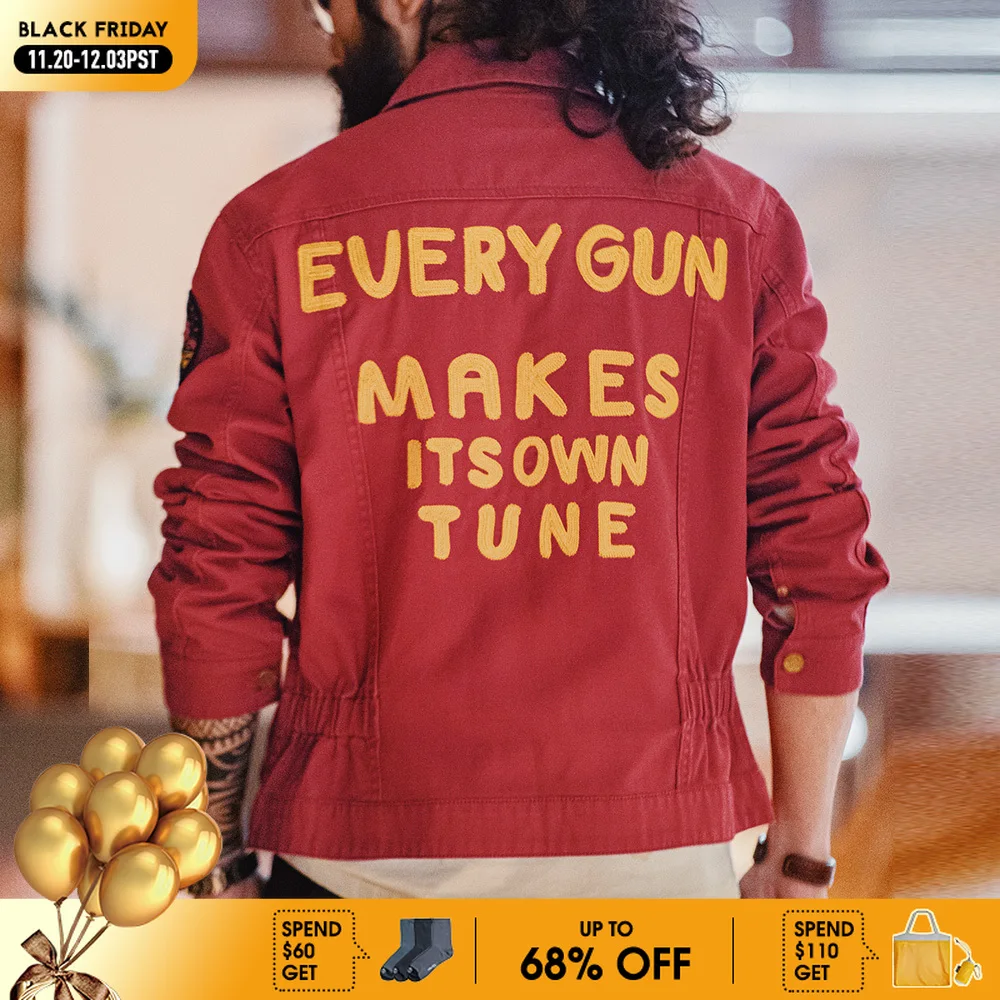 

Maden New Vintage Heavy-Duty Letter Embroidered 12MJZ Jacket Red Slim-Fit Canvas Lapel Coat Men's Spring Zip-Up Casual Outerwear