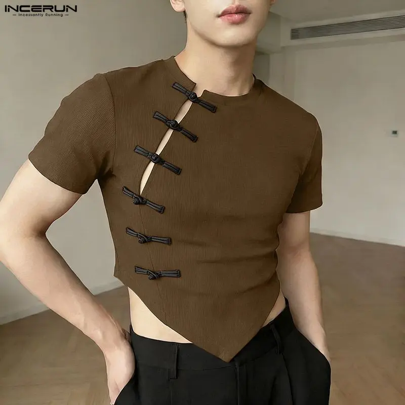 INCERUN Herren-T-Shirt, Patchwork, Farbblock, O-Ausschnitt, kurze Ärmel, unregelmäßige Crop-Tops für Männer, sexy, ausgehöhlt, modische Camisetas