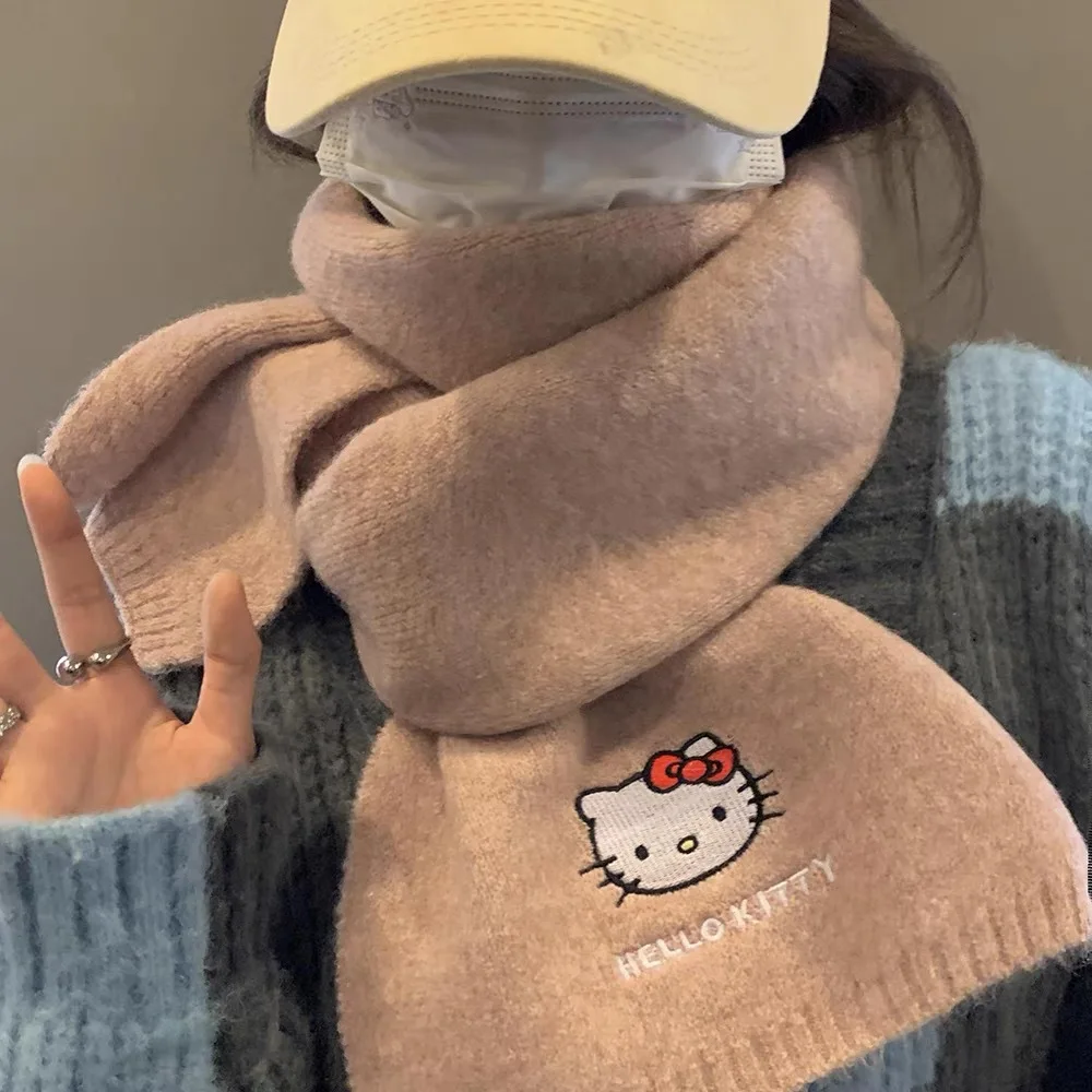 Genuinely Authorized Hellokitty Knitted Embroidered Scarf Cartoon Cute Autumn Warm Soft Cold-proof Scarf Student Girl Gift