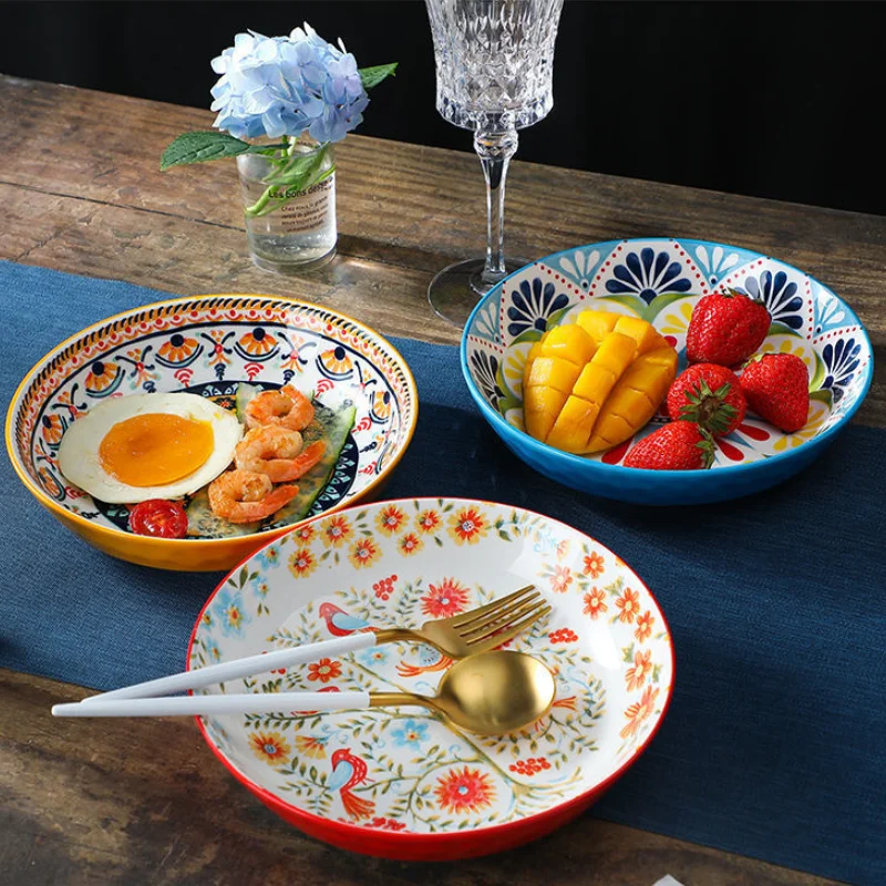 Bohemian Dinner Plates Set Household Creative Plate Dinnerware Kitchen Supplies Fruit Plate Dish Retro Flower Rice Plate Dish