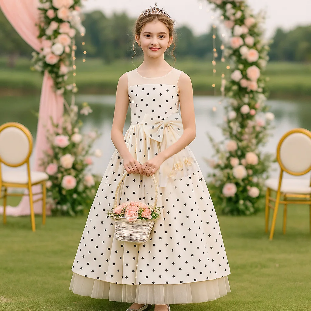 

Elegant Flower Girls Satin Sleeveless Polka Dot Tulle Big Bow Princess Dress For Teens Wedding Birthday Party Pageant Long Gown