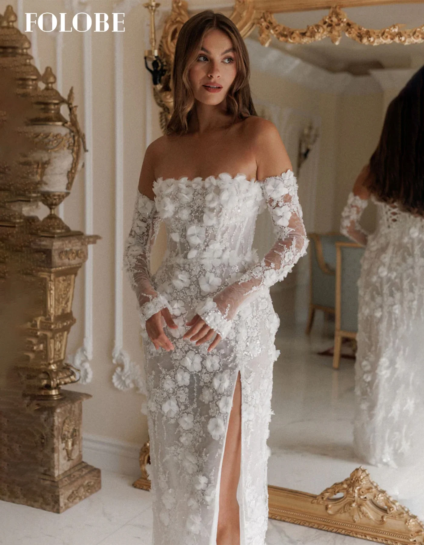 FOLOBE blanc bretelles sirène robe de bal avec des fleurs 3D haute fente robes de soirée formelles vestidos de noiva personnalisé