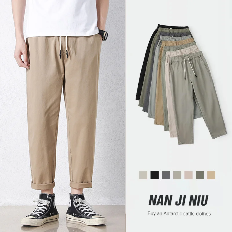Pantalones Casuales de Primavera/Verano para Hombre, Buena Calidad, 95% Algodón, Transpirables, Color Sólido, para Salir al Aire Libre, Cintura Elástica, Tipo Chino