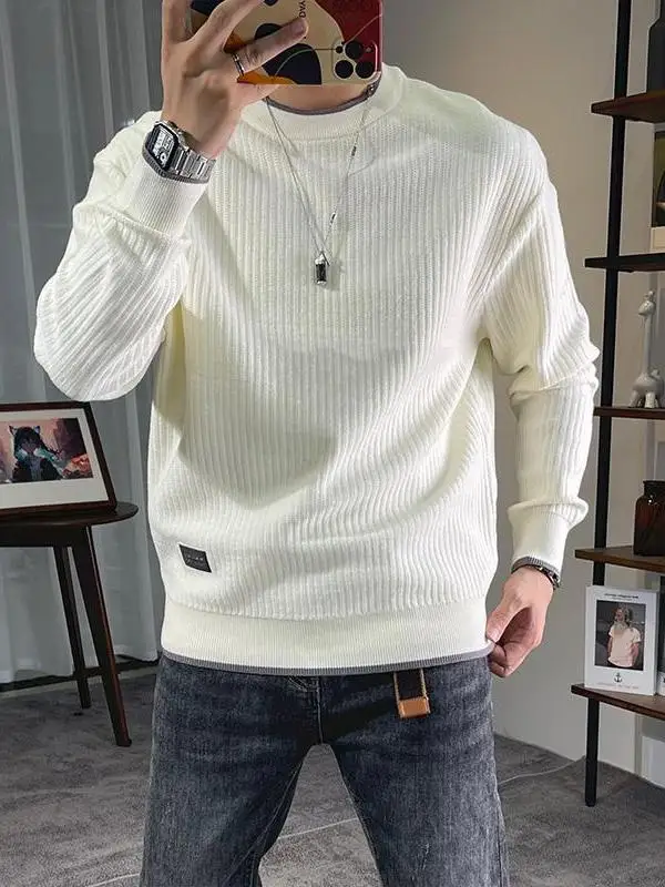 

Мужской вязаный свитер Thiened Mat: новый теплый базовый слой с длинным рукавом и круглым вырезом из полиэфирного волокна для осени и зимы