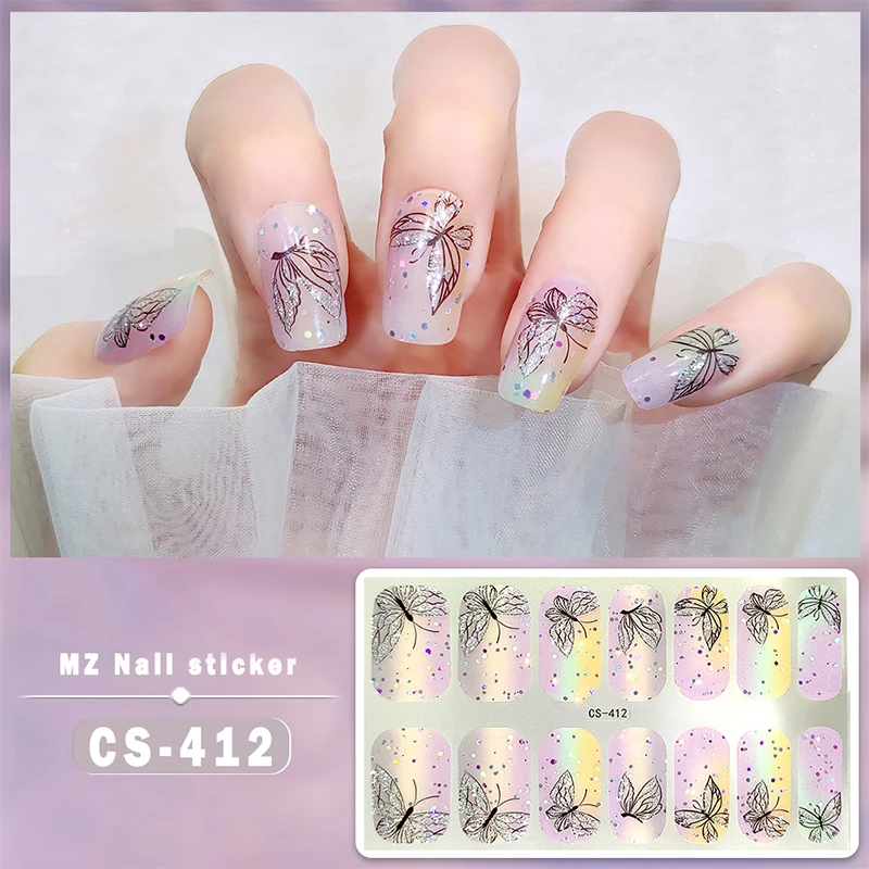 14Tip Gel Nail Sticker Full Cover Glitter Sequins Nail Art Stickers Self-Adhesive Simple Gel Nail Wraps DIY NAil Art Decoration