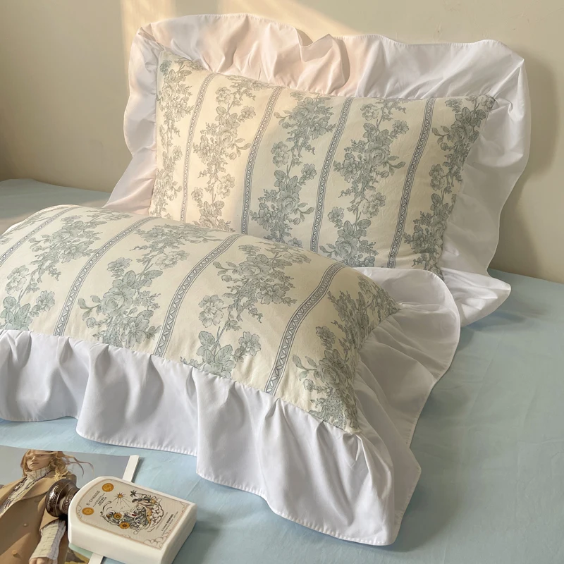 Korean Style Princess Floral Washed Cotton Bedding Set Vintage French Pastoral Flowers Lace ruffles  Duvet Cover Set Pillowcase