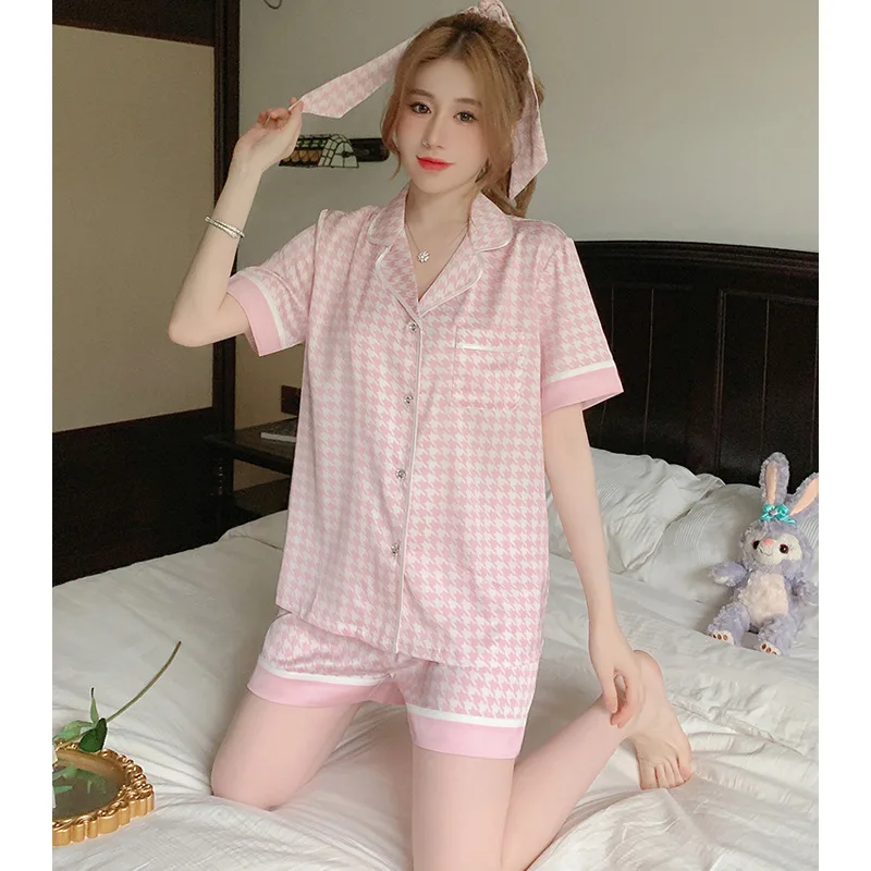 Women Pajamas Sets Summer 2 Piece Plaid Print Pyjama Faux Silk Satin Button Sleepwear Short Sleeve Pijama Mujer Pjs Homewear