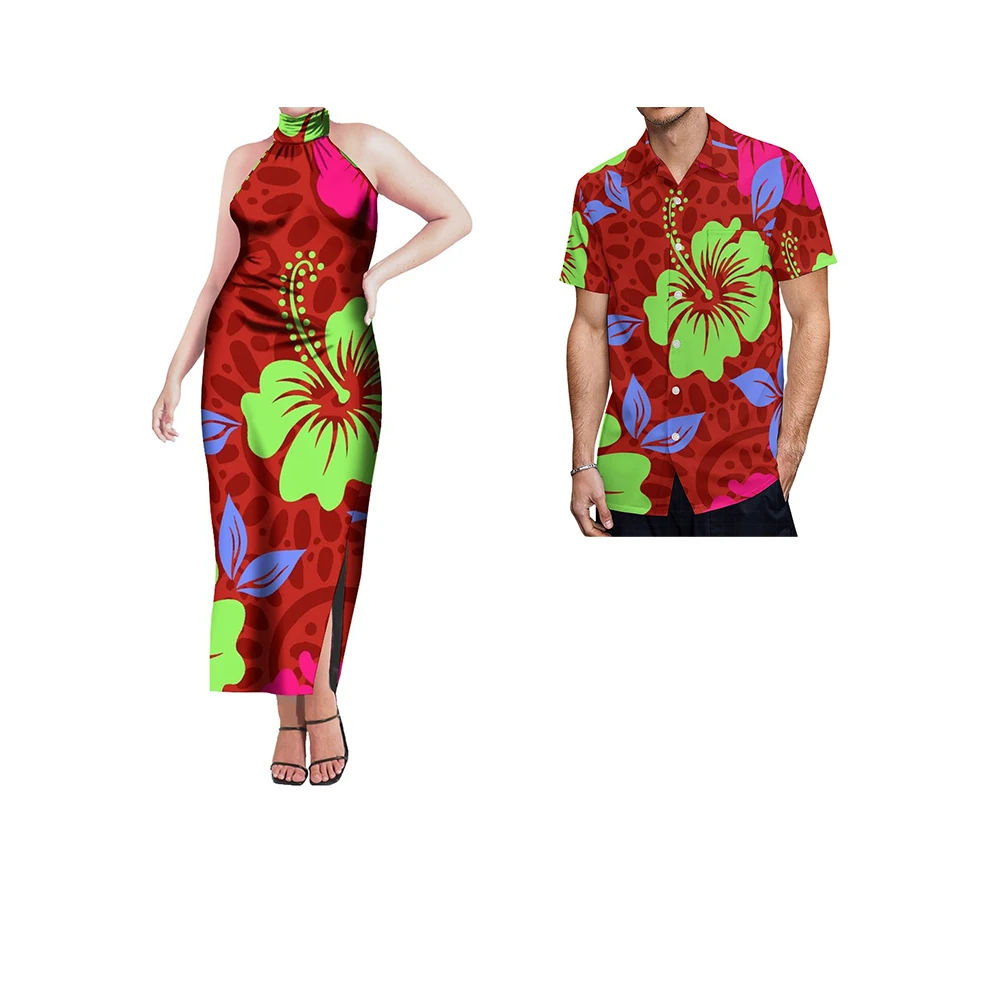 2023 New Arrival Polynesian Tribal Samoan Puletasi Ptaha Printed Maxi Dresses Women Dress Match Mens Shirt