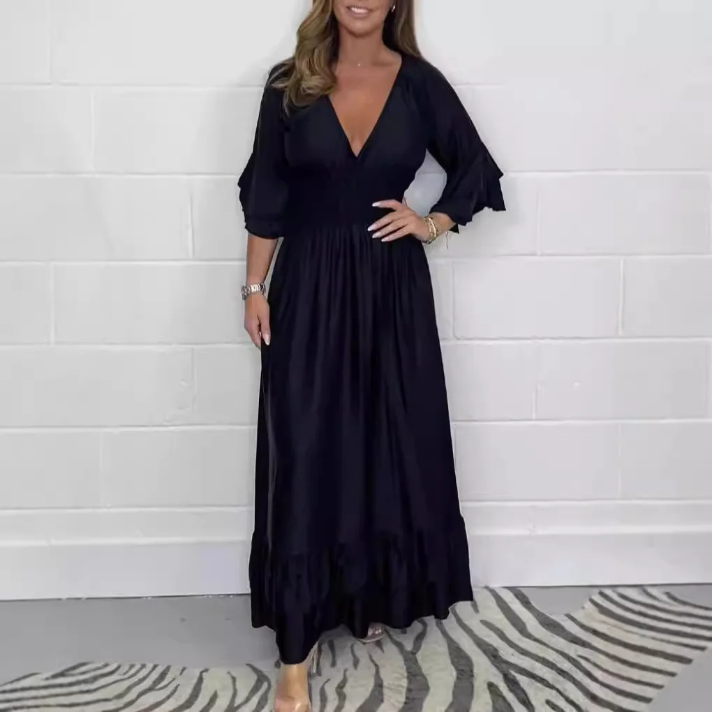 Women's Dresses Spring Autumn Deep V-neck Ruffles Sleeve Solid Color Satin Face Casual Design Sense Women Streetwear Robe Femme