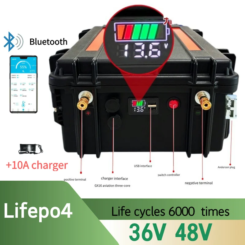 waterproof 48V 100Ah 200Ah 36V 100AH 150Ah lifepo4 lithium battery bluetooth APP for 5000w golf cart Tricycle + charger camping