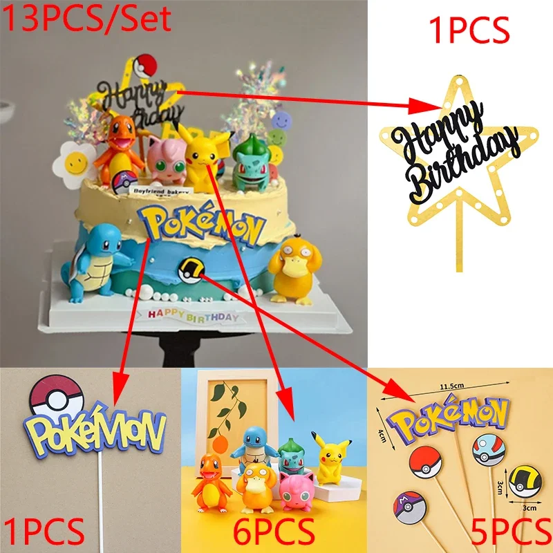 13 TEILE/SATZ Pikachu Kuchen Topper Dekoration Junge Mädchen Alles Gute Zum Geburtstag Nette Poke Boll Vinyl Anime Figur Kuchen Ornamente Backen Liefert