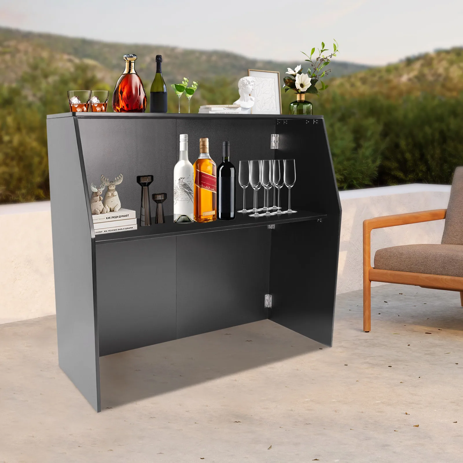 Foldable Bar, Portable Event Bar, 2-Tiers Black Bar Cabinet for Parties and Events