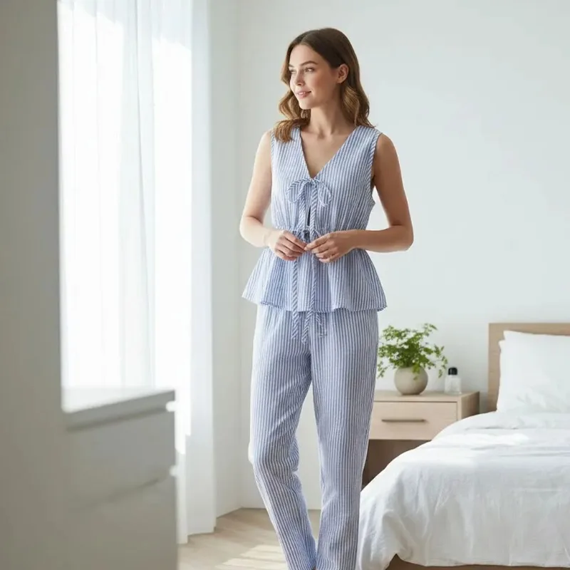 

Однотонный летний комплект: брюки с завязками на талии и топ на бретелях для отдыха