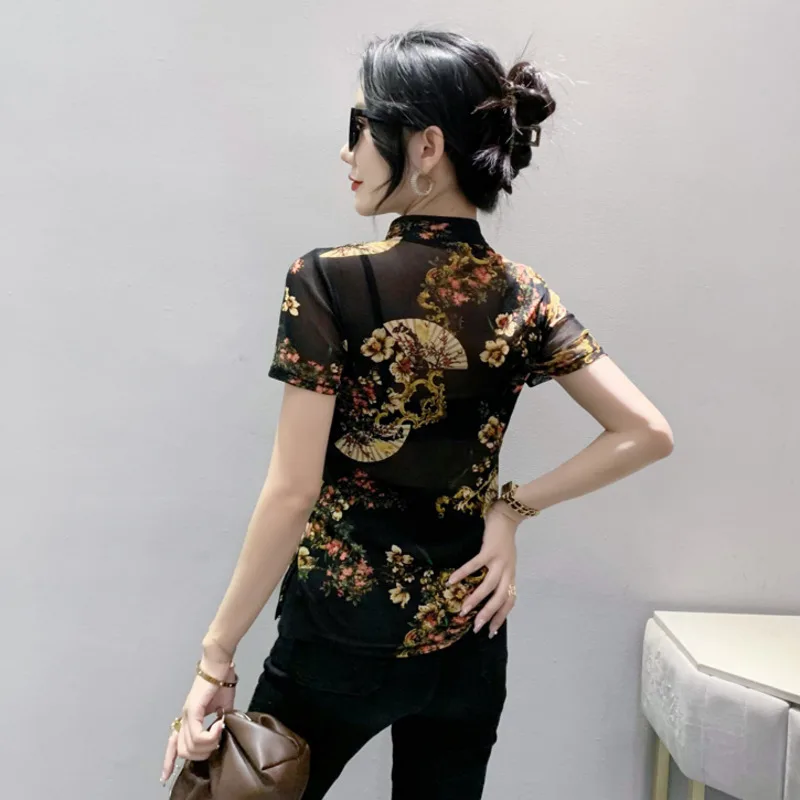 #5771 Black Vintage T Shirt Women Stand Collar Buttons Sexy Floral Printed Mesh T Shirt Short Sleeve Thin Perspective Tee Summer