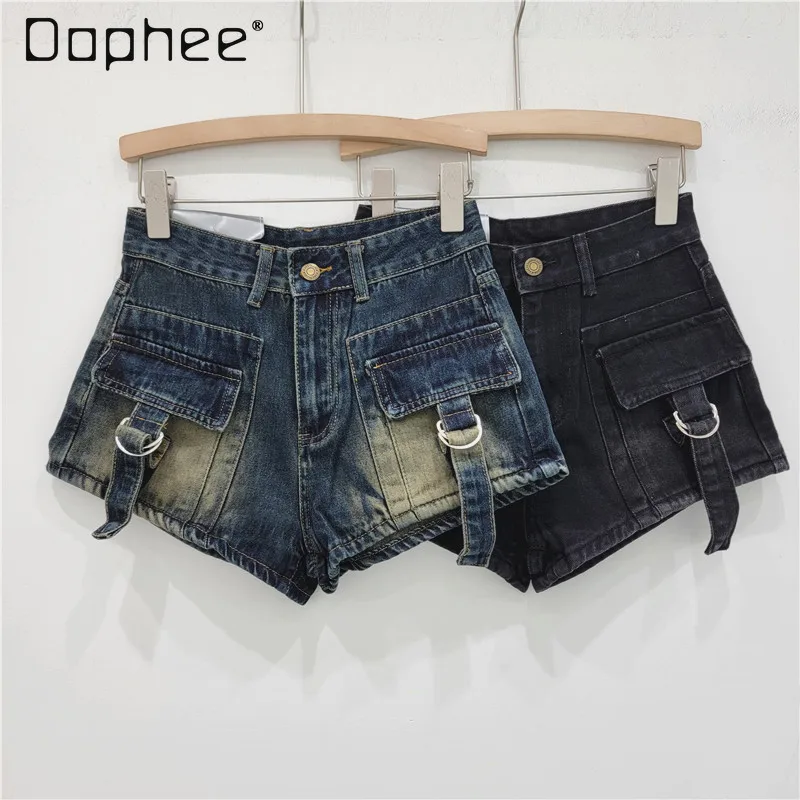 Y2k Cargo Denim Shorts Women Low Waist A Line Pockets Hot Pants Vintage Buckle Korean Fashion Summer Streetwear Shorts